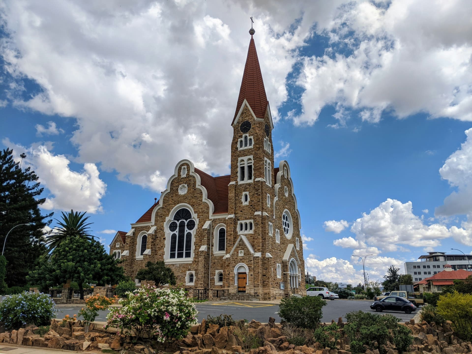 Christuskirche in central Windhoek under a big cloud sky.